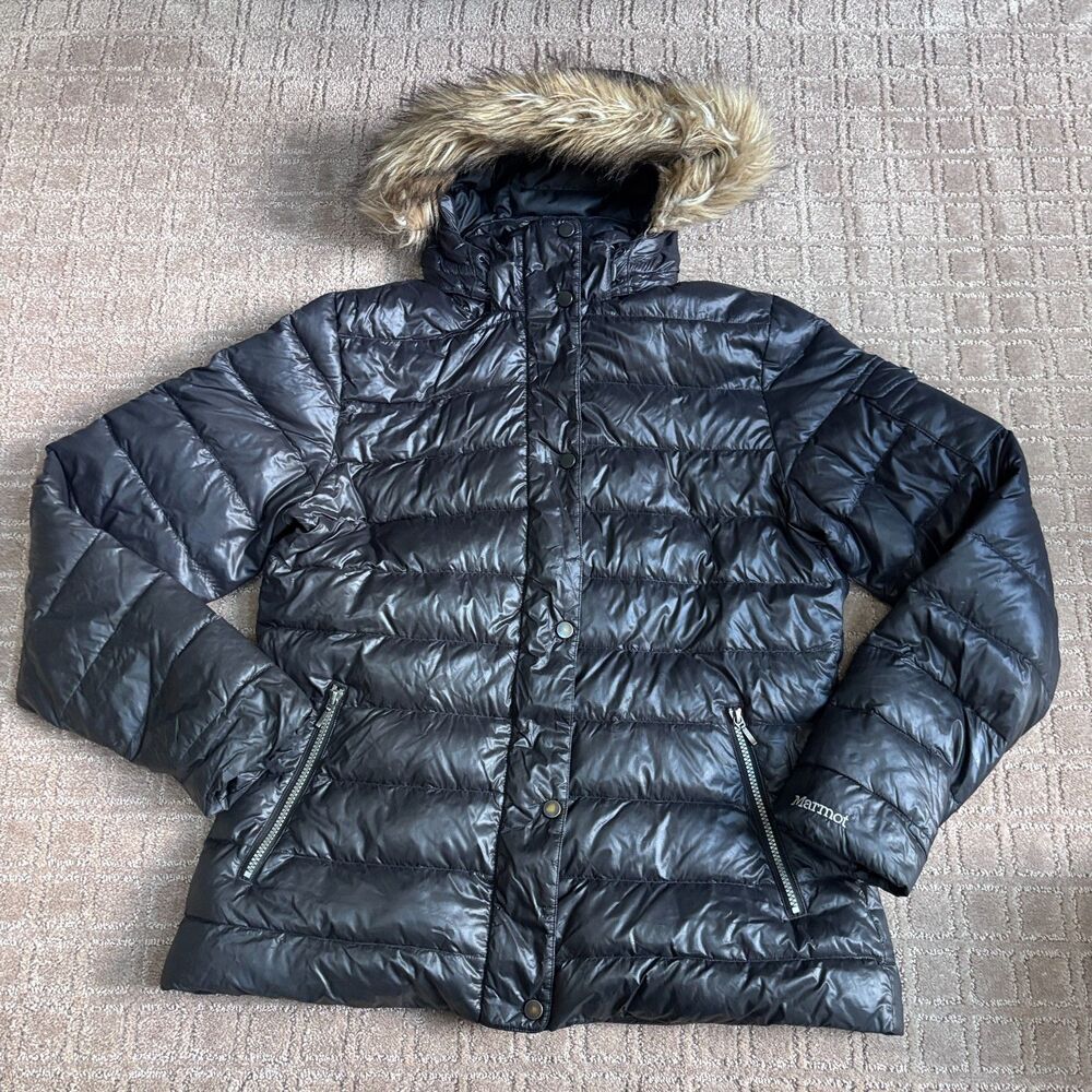 Marmot Hailey Jacket 700 Down Fill Puffer Womens XL Black Hooded Water-Resistant